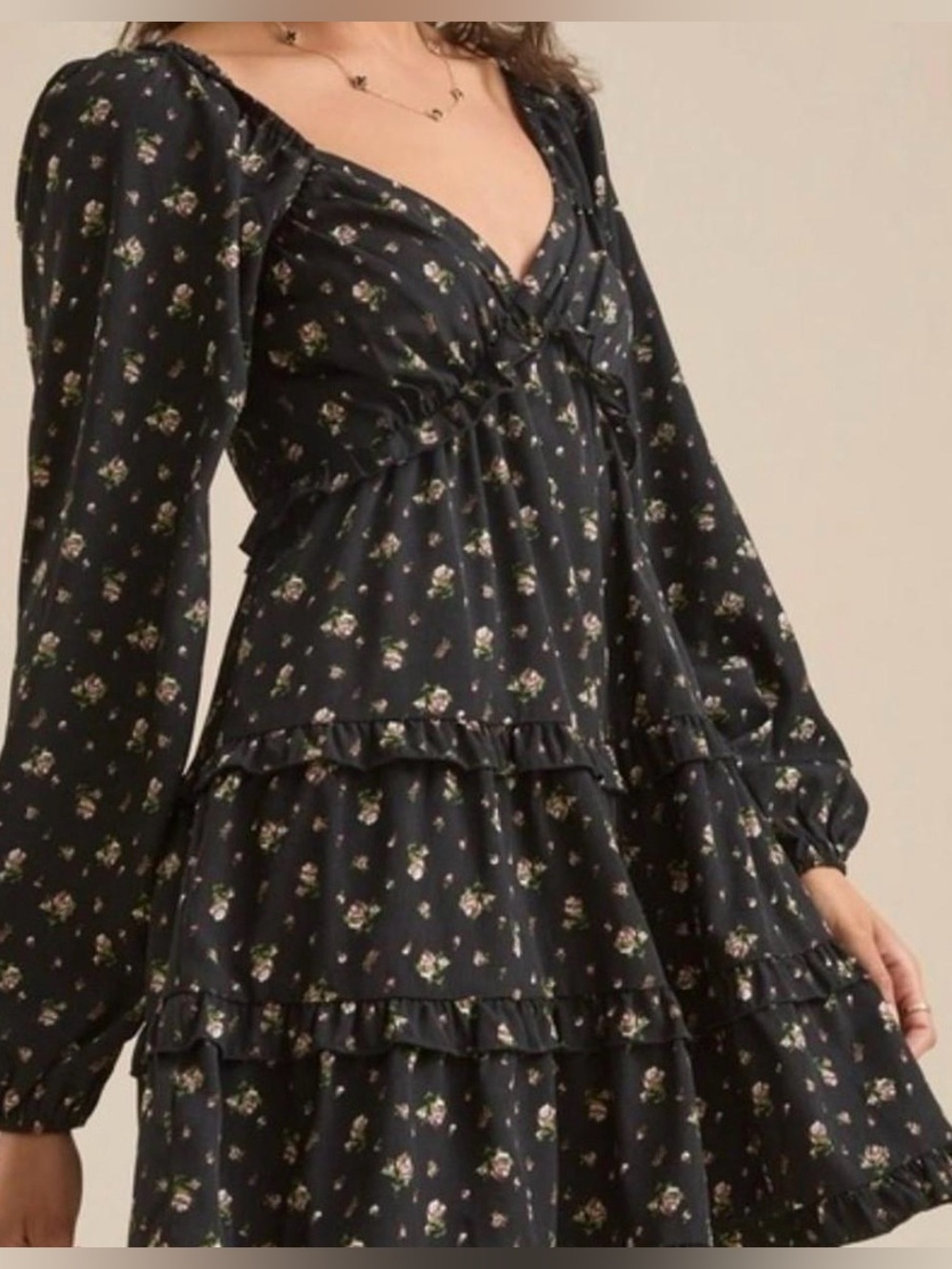 Altar'd State Black Floral Ruffled Long-Sleeve Mini Dress